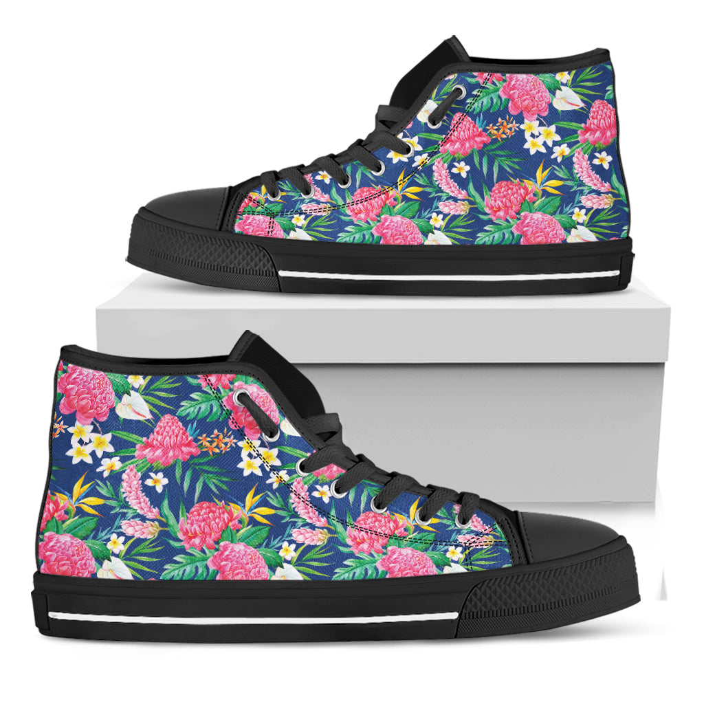 Watercolor Chrysanthemum Pattern Print Black High Top Shoes