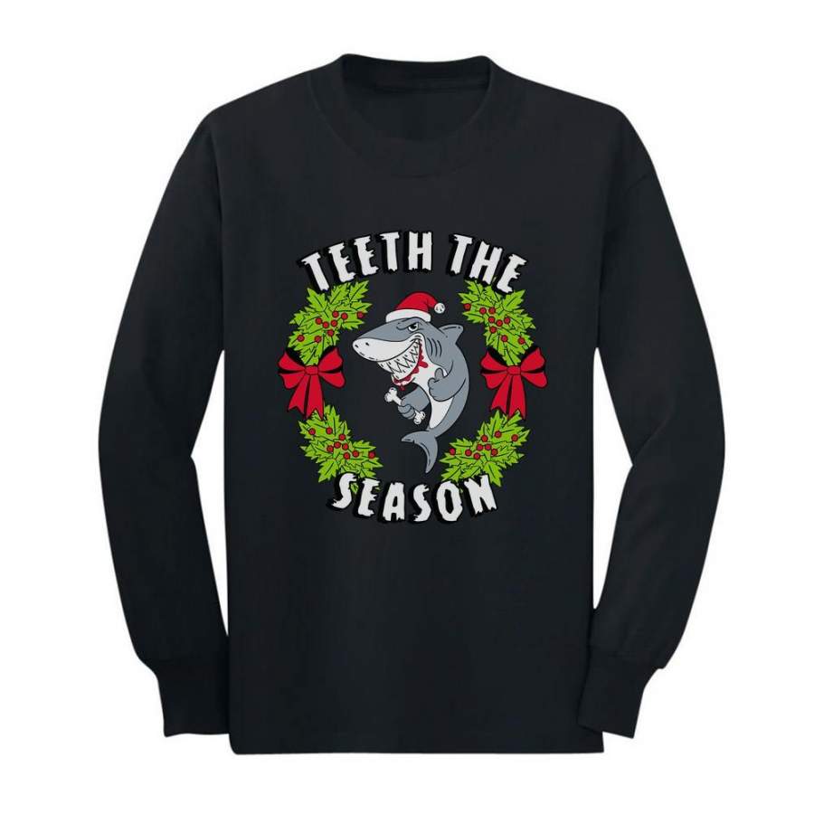 Teeth The Season Santa Shark Christmas Youth Kids Long Sleeve T-Shirt