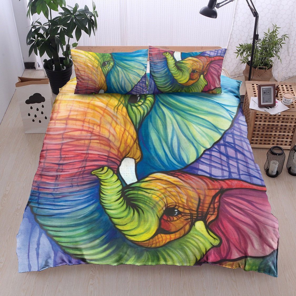 3D Color Full Mom And Baby Elephant Art Cotton Bed Sheets Spread Comforter Duvet Cover Bedding Sets