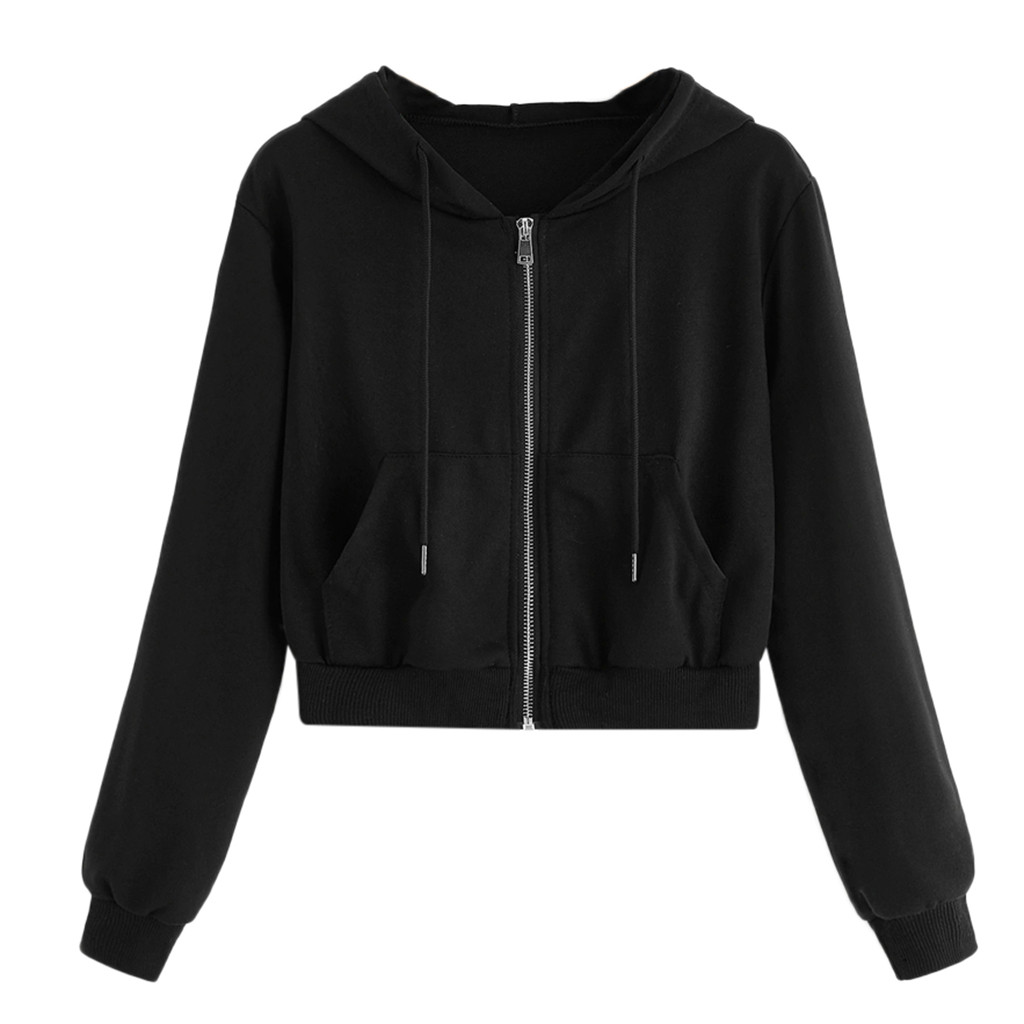 Casual Zipper Hoodies Women Solid Color Cropped Sweatshirts Streetwear Casual Long Sleeve Pocket Hooded Tops moletom feminino alx