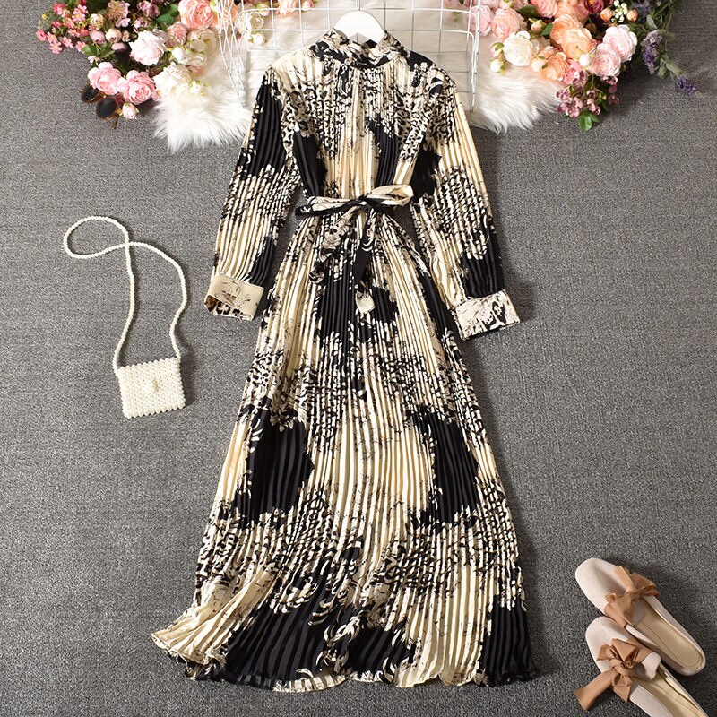 Vintage Long Dress Popular Full Sleeve 2021 Spring Fall New Loose A-Line Printed Leopard Pleated Women Dress Elegant Robe y1470 alx