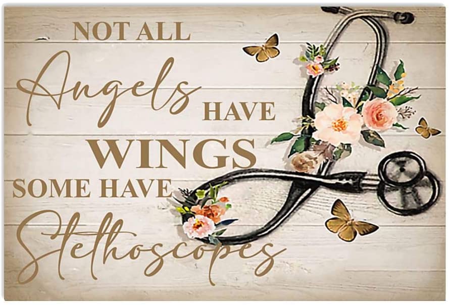 Vintage Flower And Butterflies – Not All Angels Have Wings Some Have Stethoscopes Poster Art Print      Home Decor Gift For Men Women Family Friend On Birthday Xmas