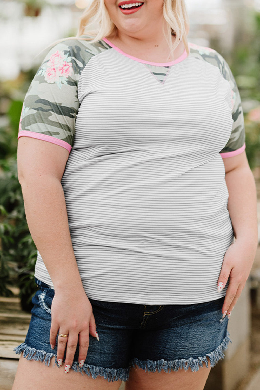 Plus Size Camo/Leopard Sleeve Striped Tee