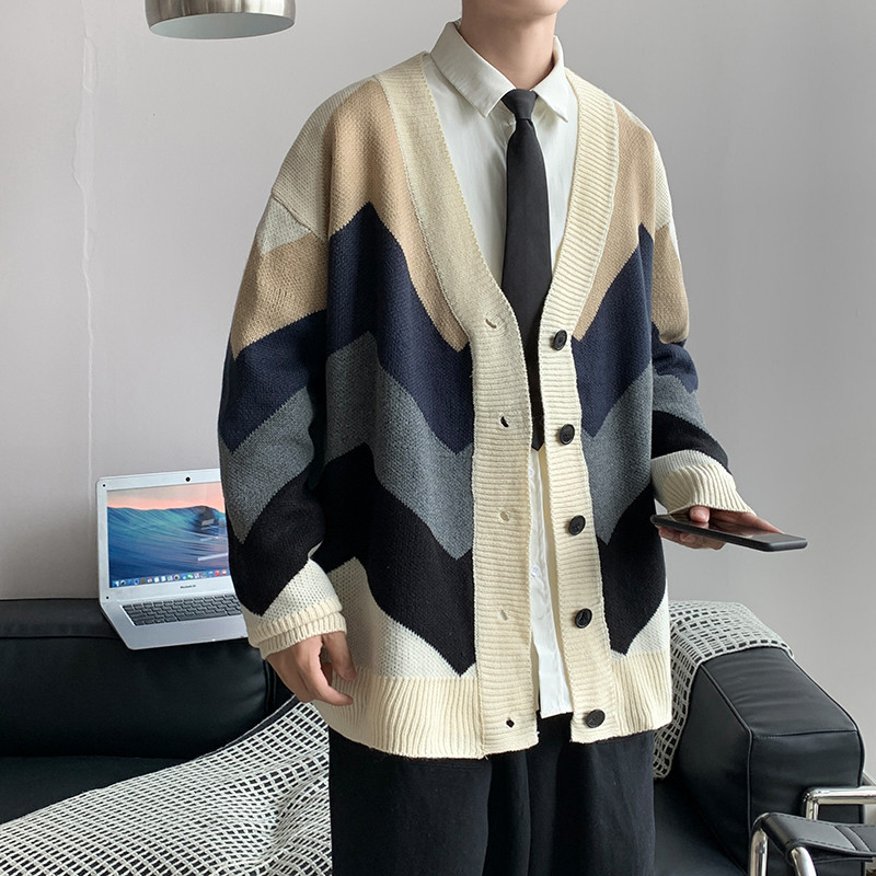 V-neck Cardigan Men Loose Oversize Patchwork Knitted Sweaters Autumn Winter Fashion Outerwear Casual Couples Daily Korean Hombre alx