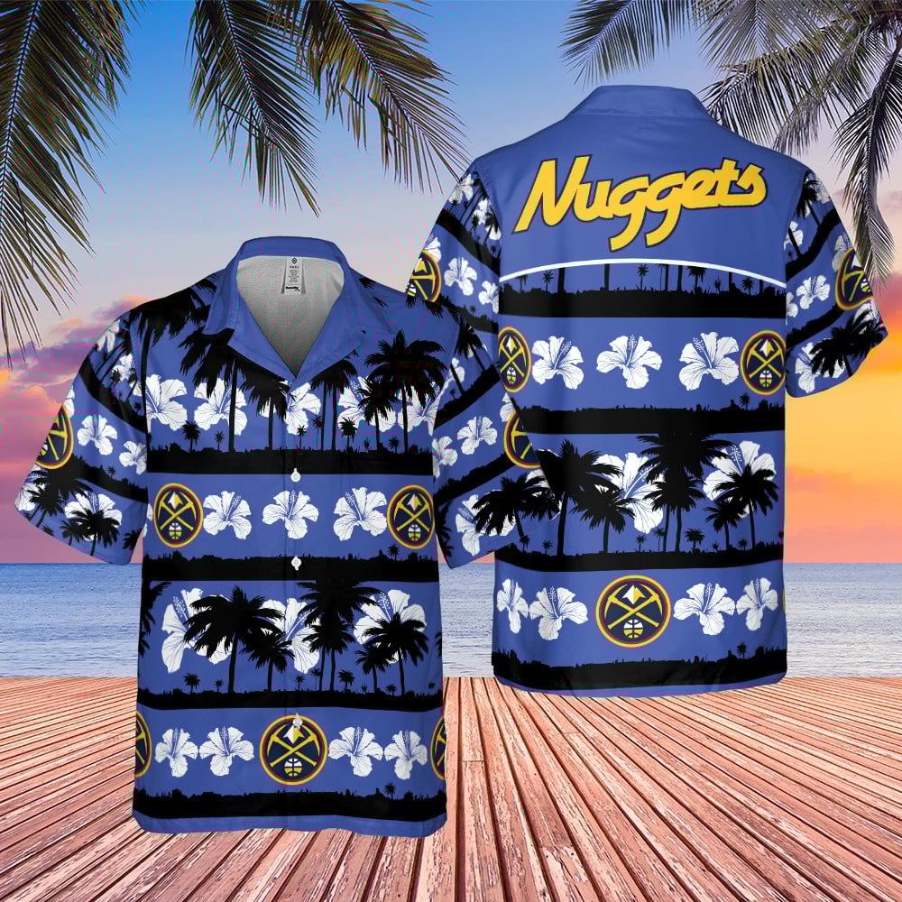 Denver Nuggets White Hibiscus Flower On Blue Background Print Hawaiian Shirt