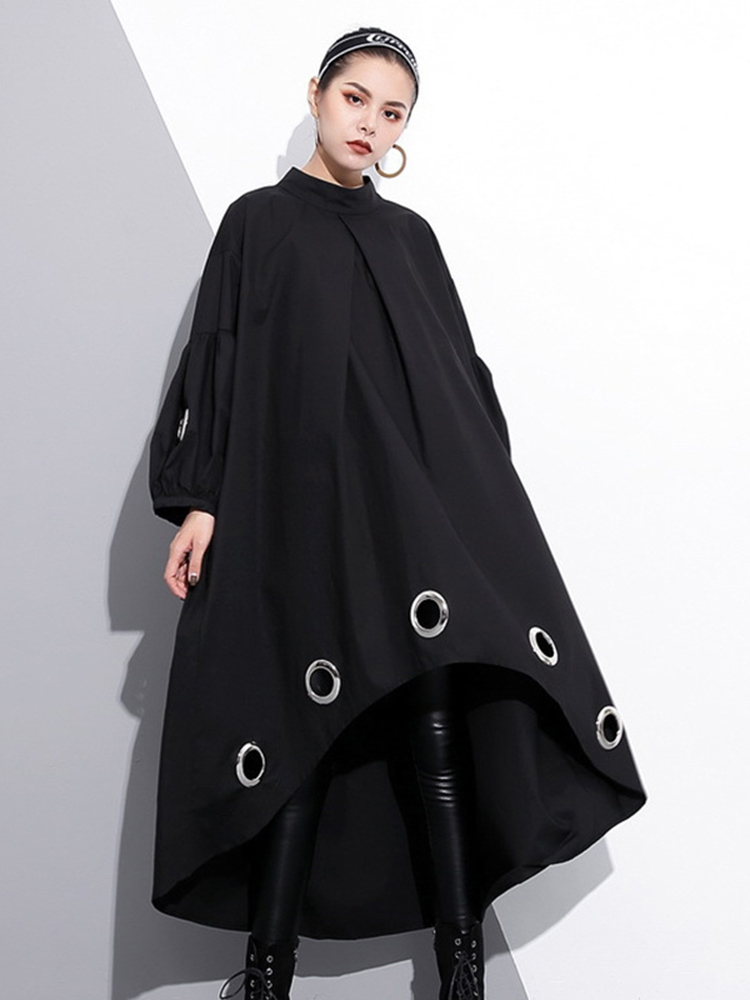 [EAM] 2022 New Spring Round Neck Long Sleeve Solid Color Black Metal Ring Big Size Hollow Out Dress Women Fashion Tide JE29201 alx