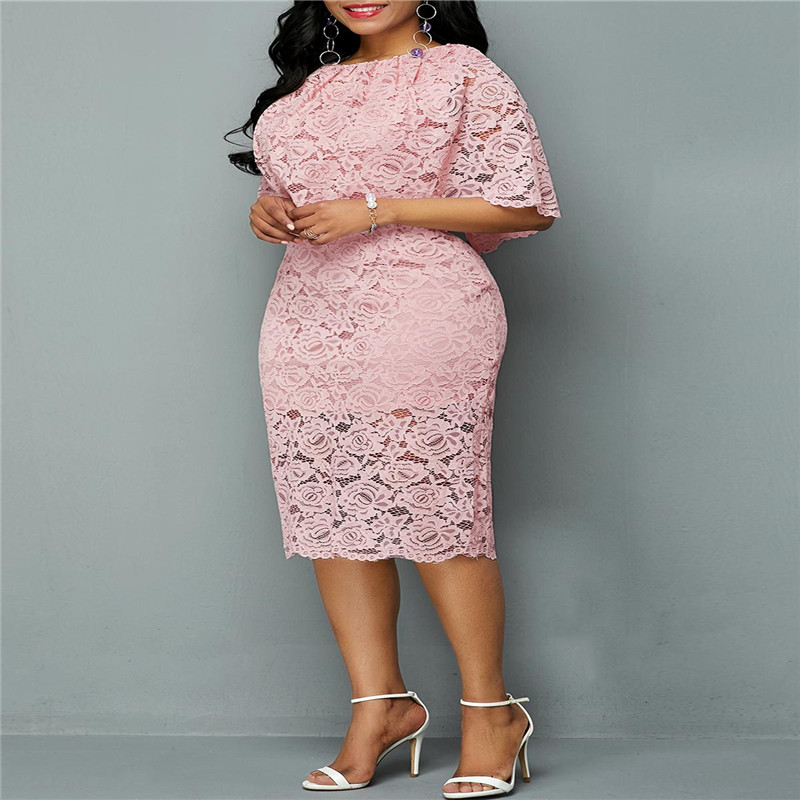 5XL 6XL Women Summer Autumn Dress Elegant Pink Lace Dress Female Evening Party Dresses Vestido Oversized alx