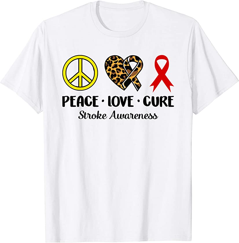 Stroke Awareness Peace Love Leopard Heart Ribbon Family T-Shirt