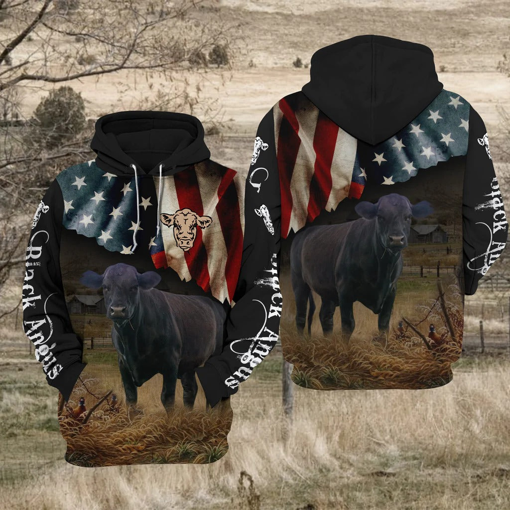 Black Angus Cattle Us Flag All Over Printed 3D Hoodie Cow Zip Hoodie For Adult