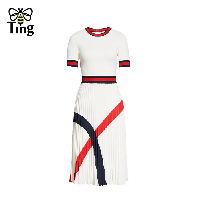 Tingfly 2022 New Hit Color Knitting Patchwork Women Midi Long Pleated Casual Dress Office Style Work A Line Vestidos Mujer Chic alx