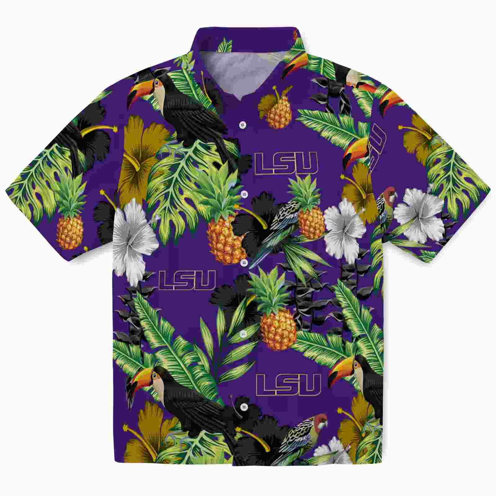 Lsu Tigers Toucan Hibiscus Pineapple Purple Green Hawaiian Shirt