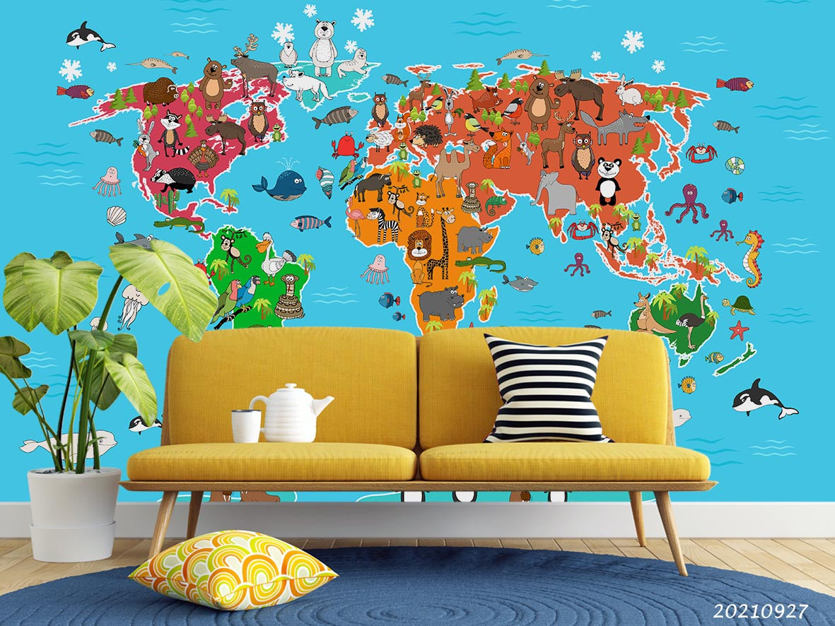 3D Blue World Map Animals Kids Wall Mural Wallpaper Lqh 155