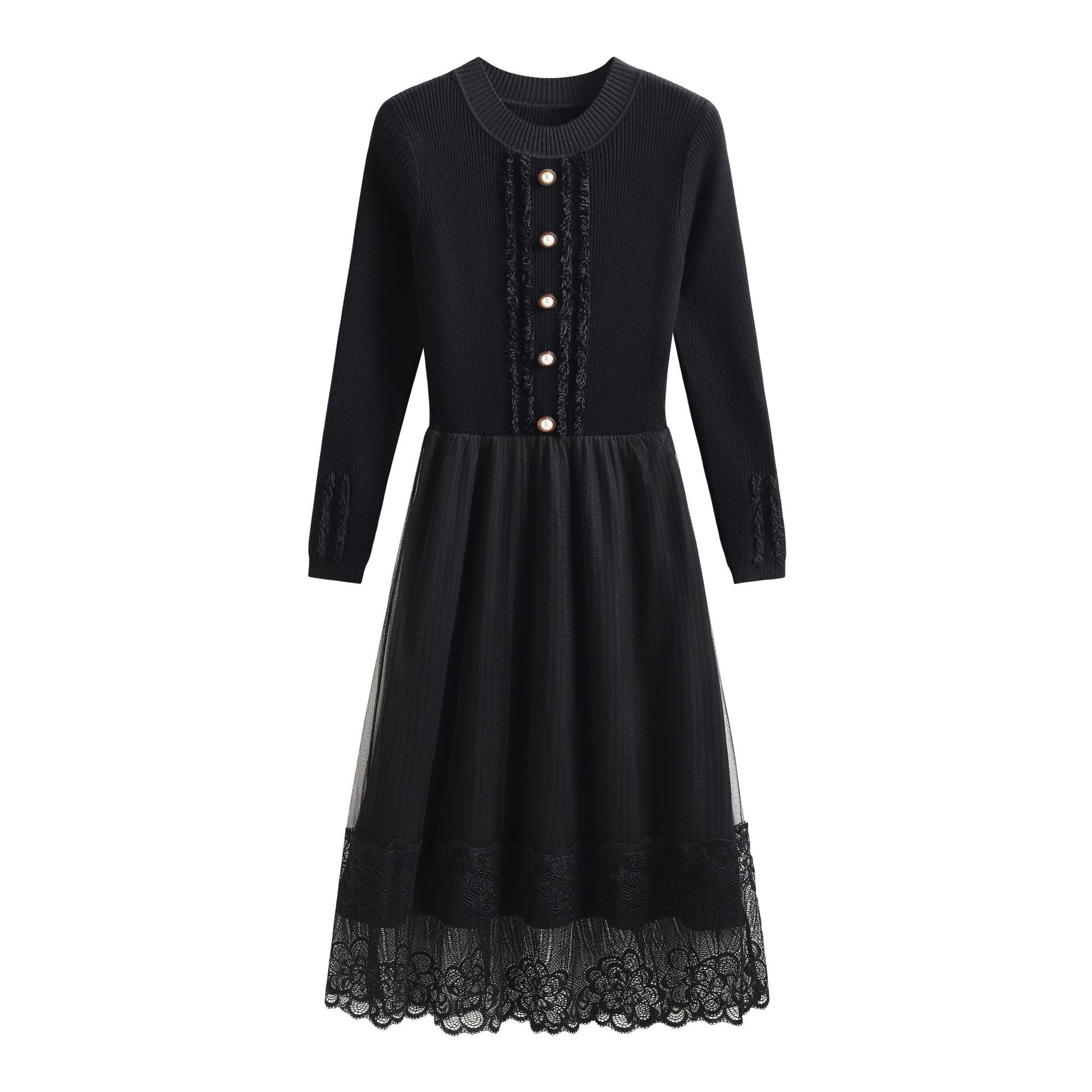 #1034 High Waisted Sweater Dress Women Spliced Lace Korean Style O-neck Buttons Elastic Knitted Dress Female Long Slevee Winter alx