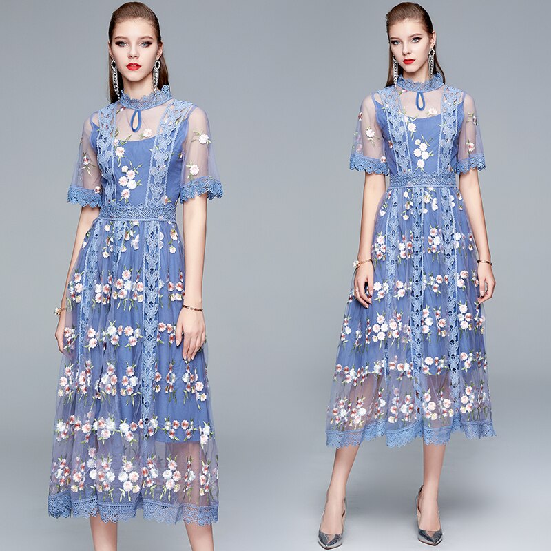 2021 Summer Runway Embroidery Mesh Dress Robe Women’s Stand Collar Flare Sleeve Floral Lace Long Dress Vestido Mujer Verano alx