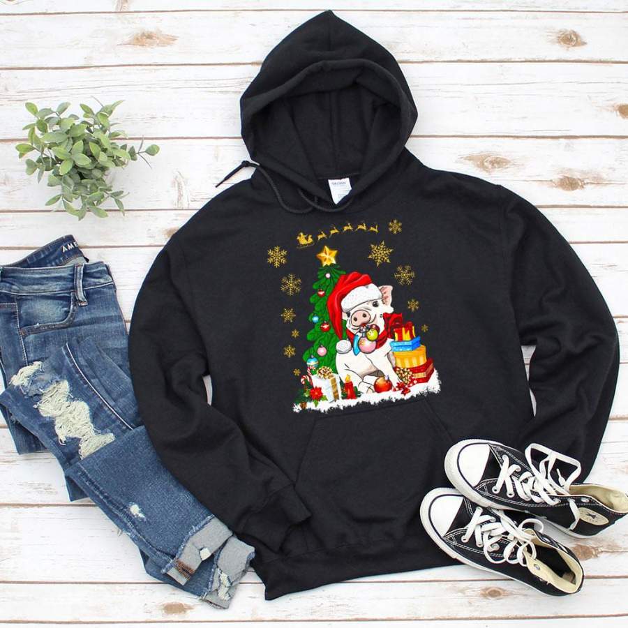 Cute pig yellow christmas xmas tree gift ornament snow merry christmas black hoodie for men and women S-5XL