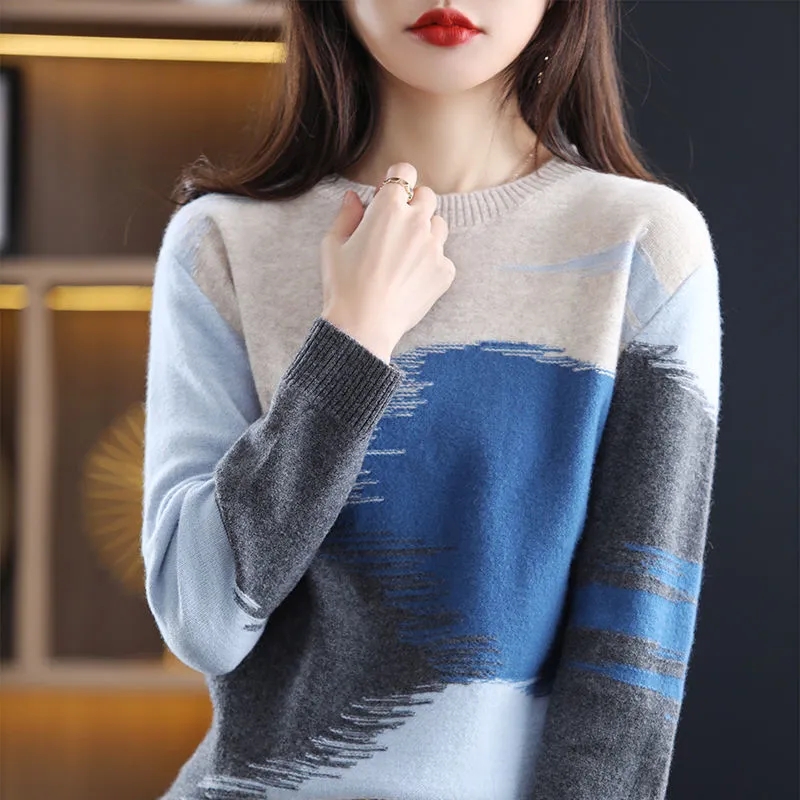 2022 New Tie Dye Spring Knit Tops Women Casual Long Sleeve O-neck Sweaters Korean Vintage Knit Jumper Ladies Bottomed Sweater alx