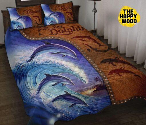 Dolphin Wave Ocean Leather Style Brown Quilt Bed Set And Pillow Covers