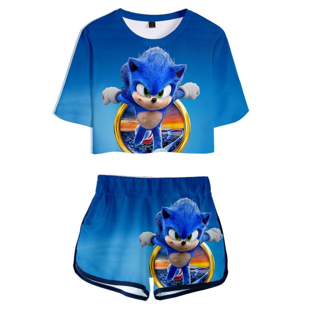 Women Sonic The Hedgehog Crop Top Sets Short Sleeve T-Shirt Shorts 2 Pieces Sets Casual Clothes