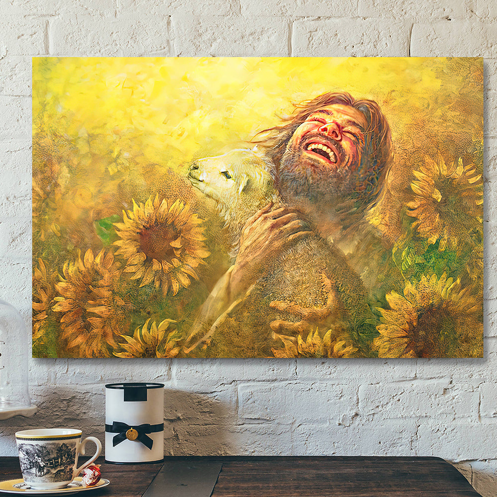 Jesus And Lamb In Field Of Sun Flowers Wall Art  – Christian Canvas Wall Art – Jesus Canvas Poster – Ciaocustom