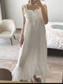 White Korean Summer Nightgown Women Sleeveless Square Collar Long Sleepwear Lace Crochet French Night Dress Elegant Sweet alx