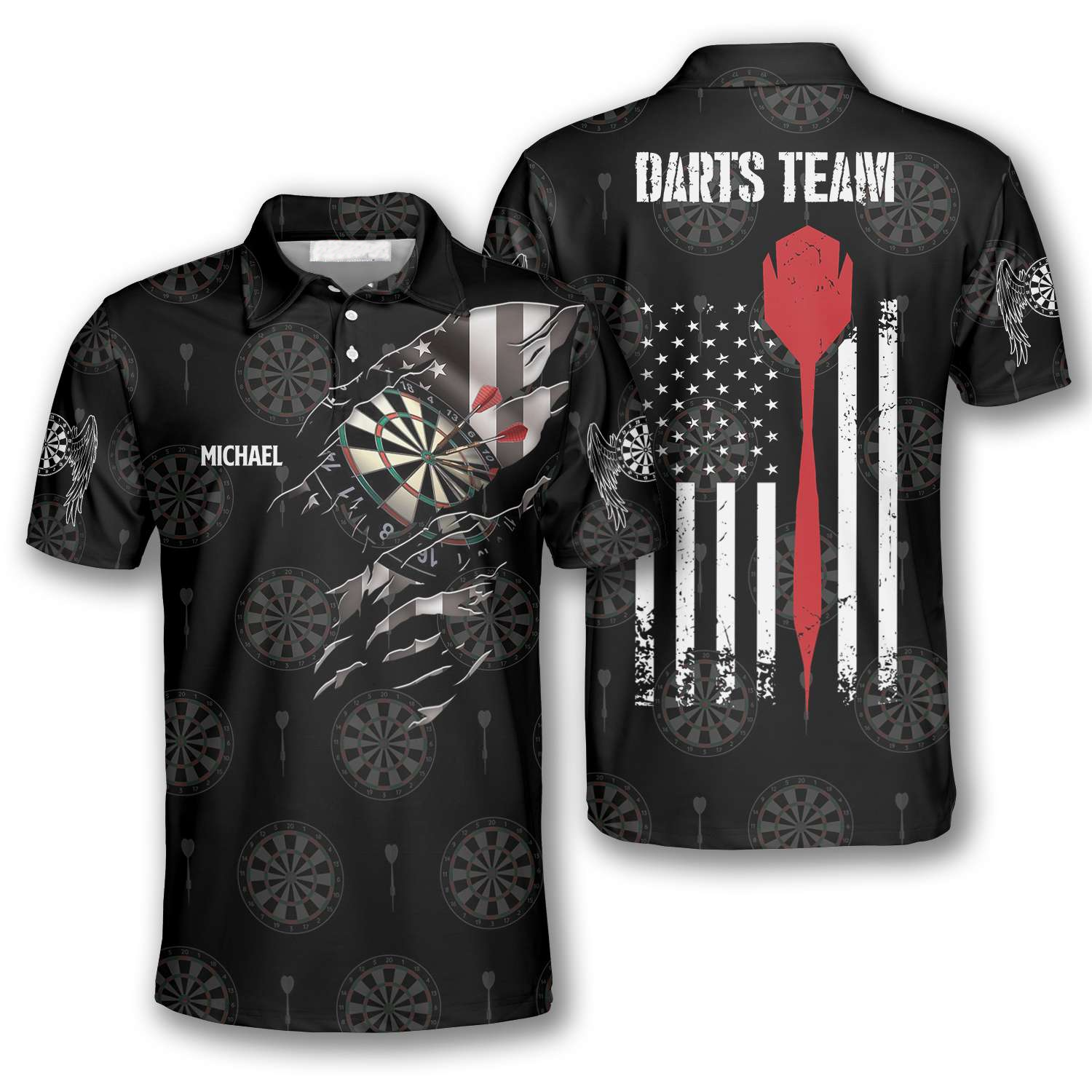 American Athlete Red Custom Darts Polo Shirts For Men, Flag Shirt, Dart Shirt