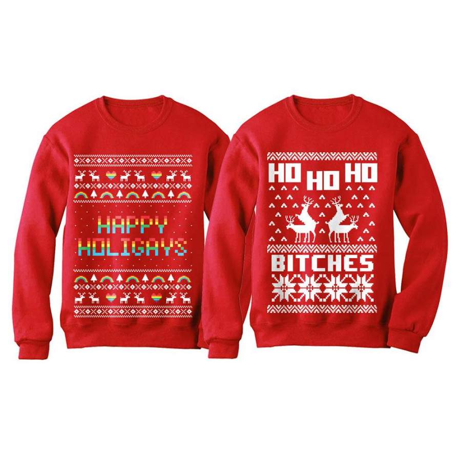 Ugly Christmas Set For Gay Couple Husband & Husband Funny Holiday Sweatshirts