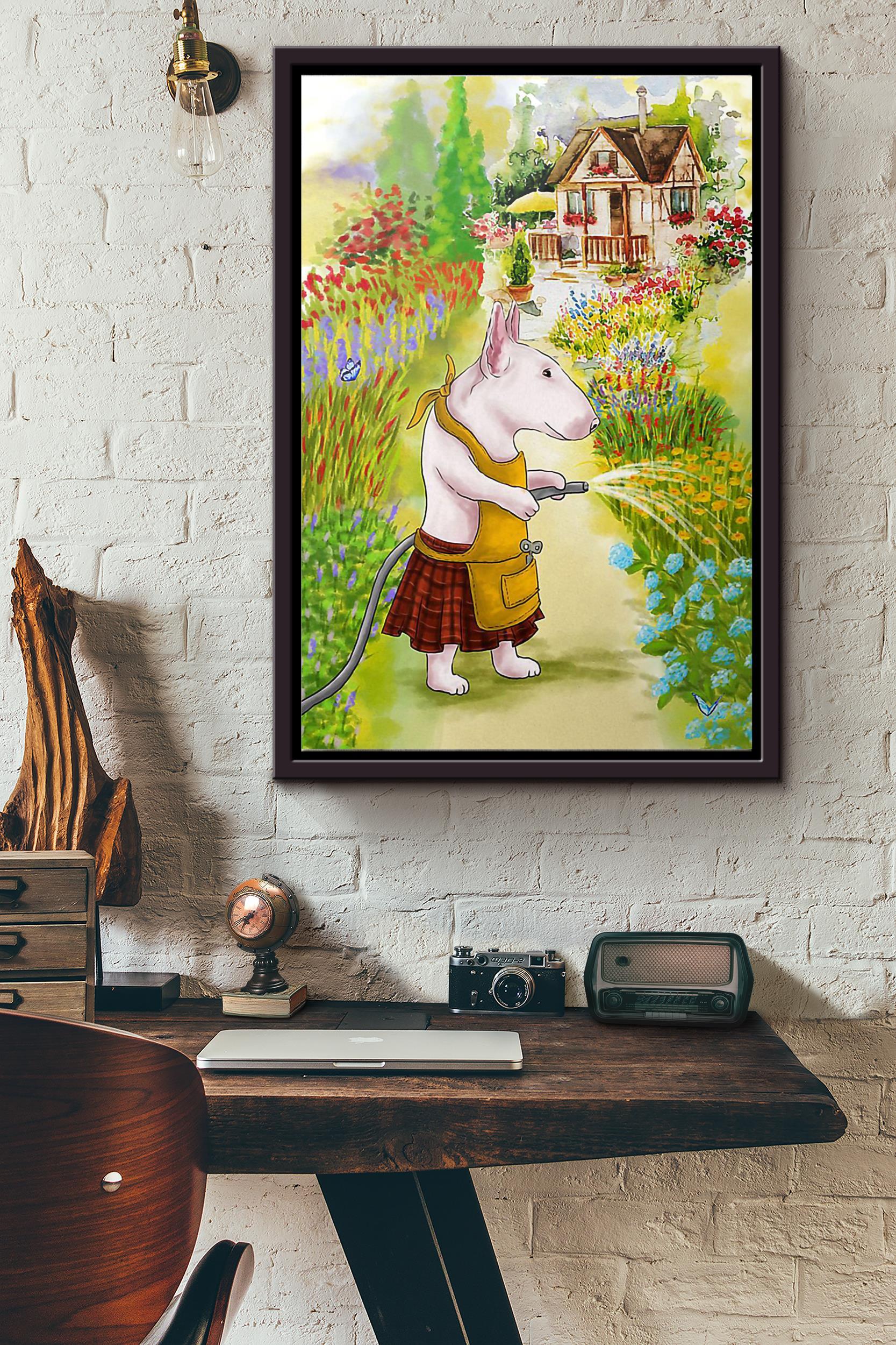 Bull Terrier Puppy And The Garden Poster Framed Matte Canvas