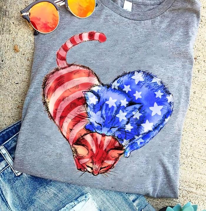 Cats Heart Shape American Flag For Lovers Cotton T Shirt