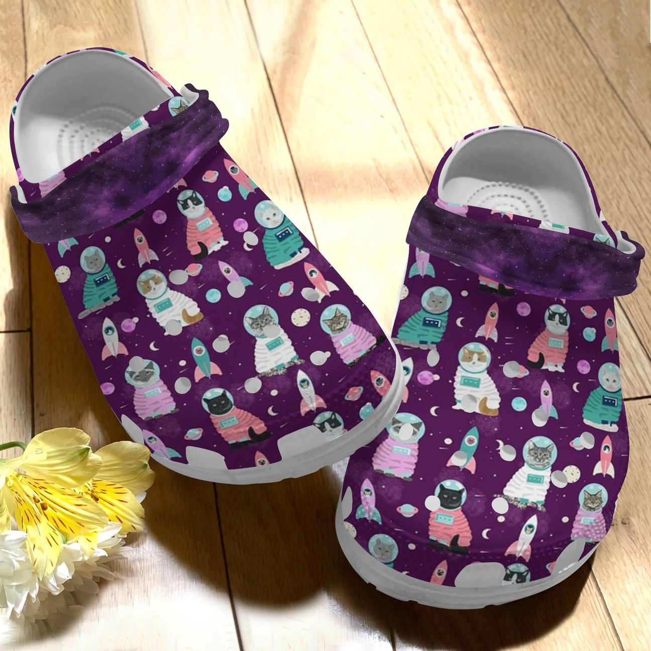 Cat Personalize Clog, Custom Name, Text, Fashion Style For Women, Men, Kid, Print 3D Whitesole Space Cats