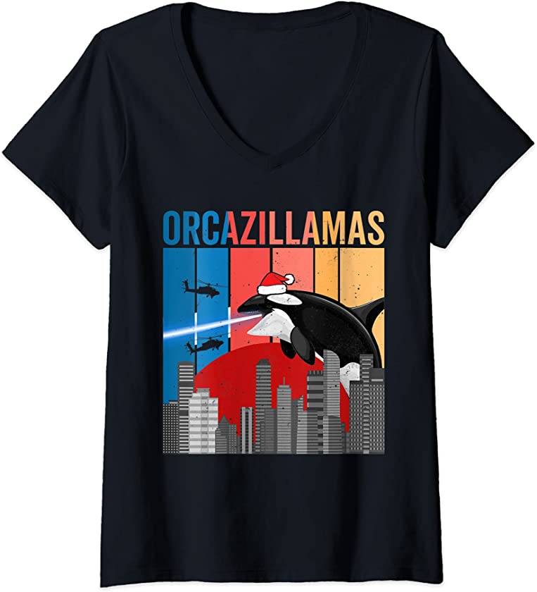 Womens Christmas Killer Whale, Funny Orcazilla Retro Japan Sunset V-Neck T-Shirt