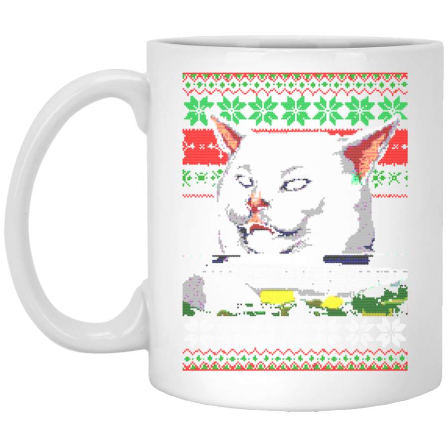 Woman Yelling at a Cat Ugly Christmas Sweater Meme Design White Mug