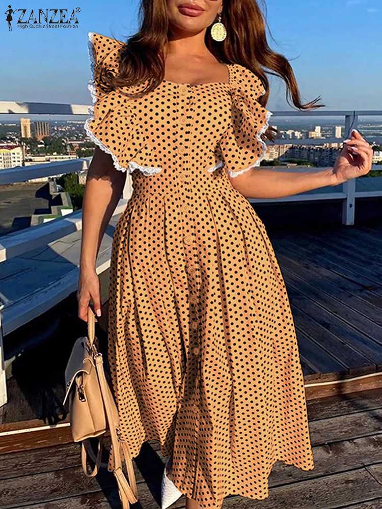 ZANZEA Women Printed Shirt Dress 2022 Summer Sleeveless Maxi Vestidos Fashion Ruffle Sleeve Sundress Lace Patchwork Party Robes alx