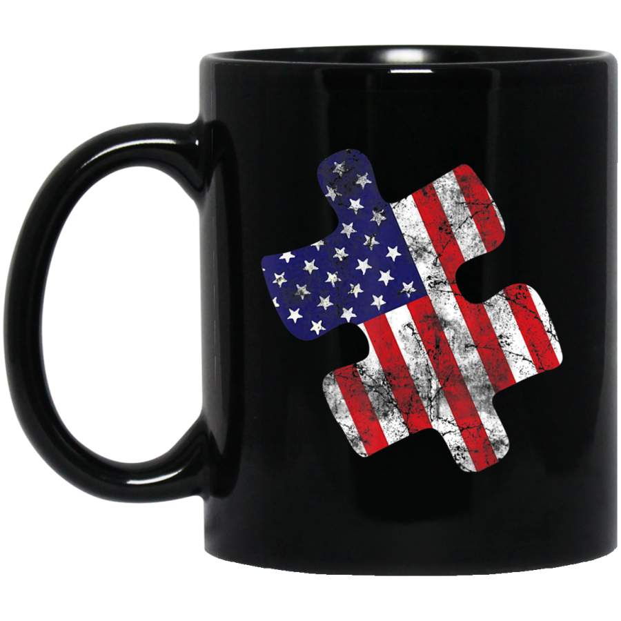 Autism Awareness American Flag Vintage Puzzle 11oz 15oz Black Mug Idea 2nd April Puzzle Ribbon Support Autism Dad Mom Kids Autistic