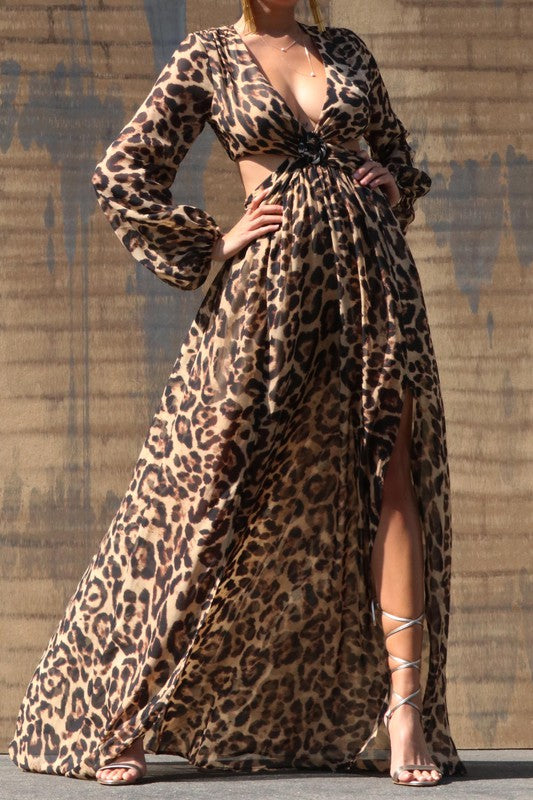 Leopard Long Sleeve Cut Out Maxi Dress