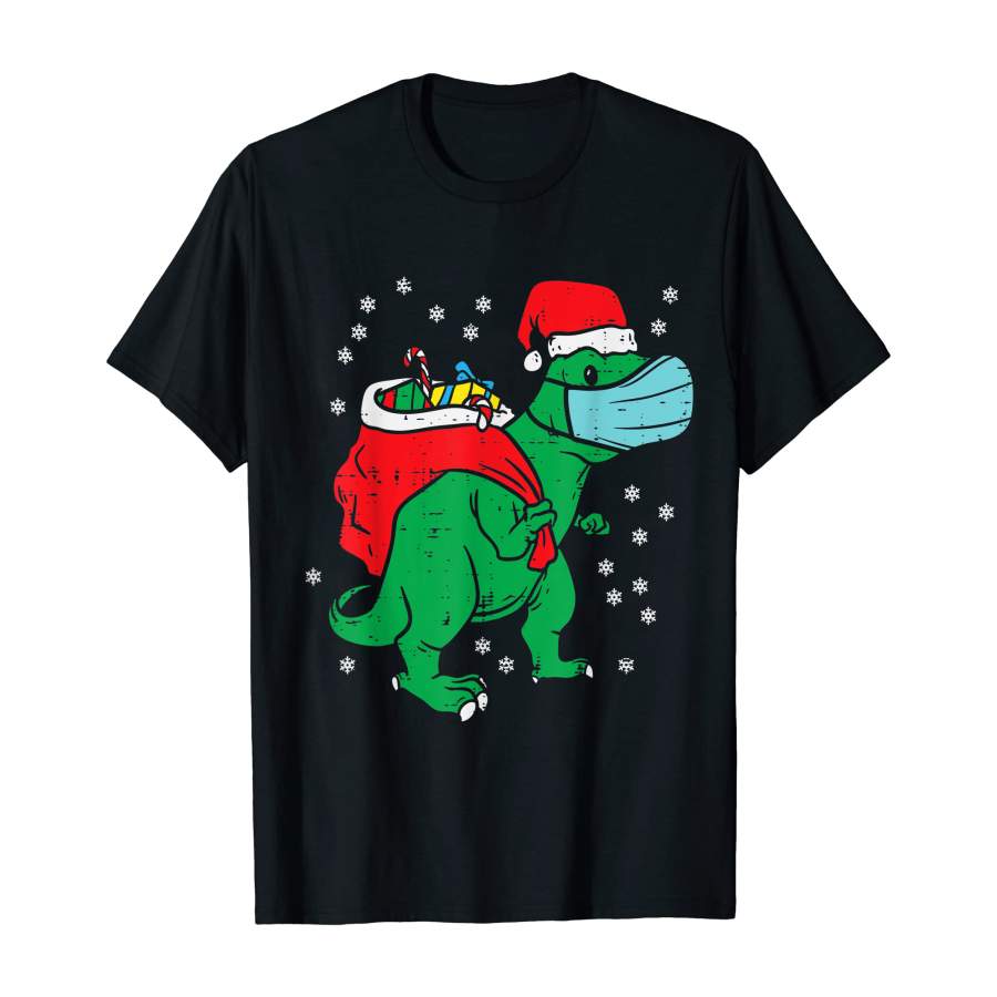 Santa Trex Dinosaur In Mask Christmas Quarantine Boys Gift T-Shirt