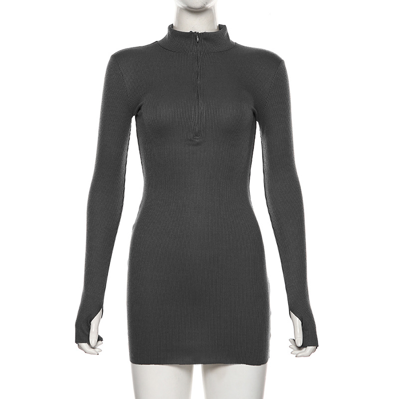 2019 Fashion Autumn Winter Stretch Slim Soft Ribbed Knitted Turtleneck Dress Woman Solid Black Casual Bodycon Zip Dress alx