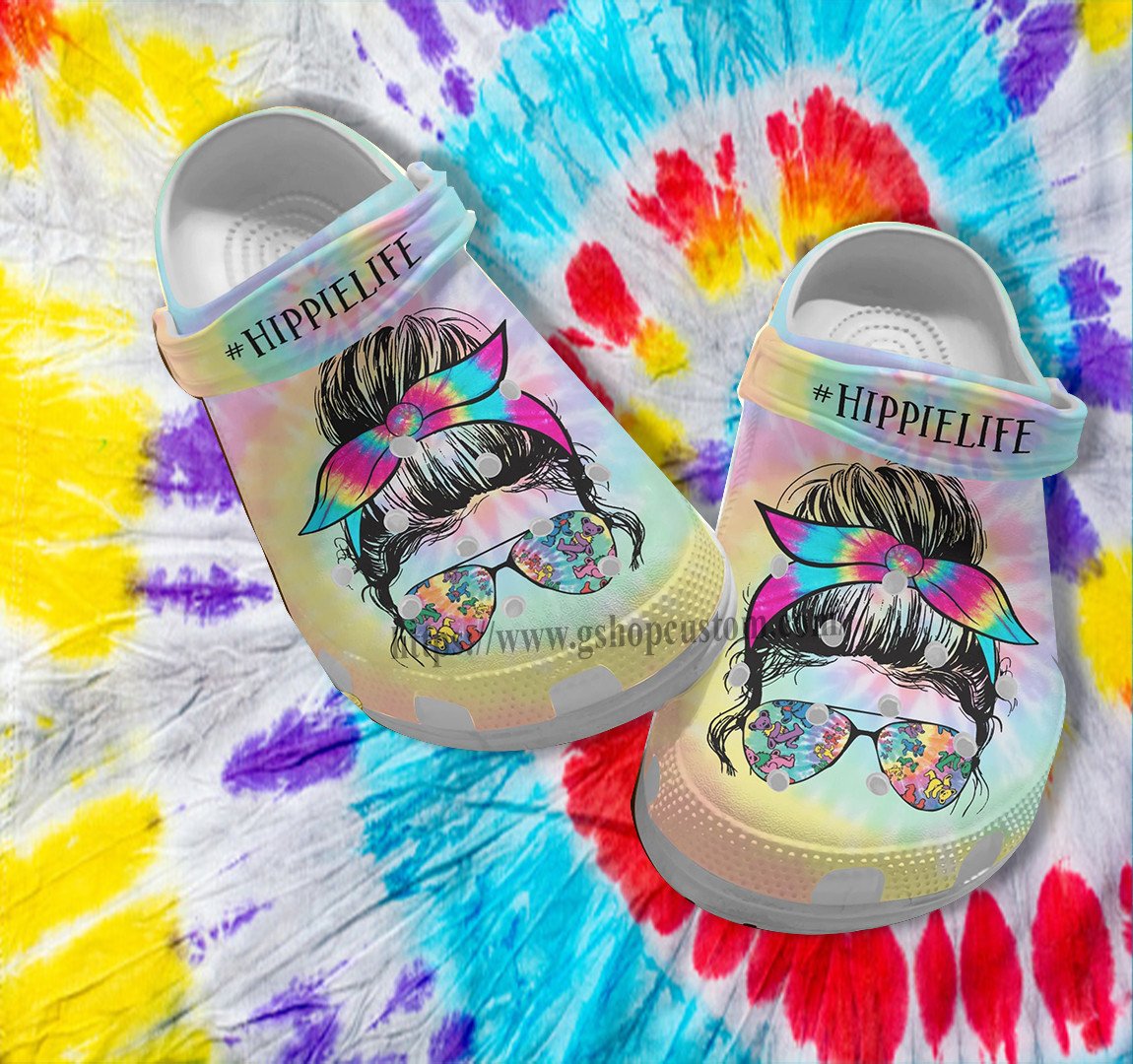 Hippie Life Girl Glasses Croc Shoes Gift Mommy- Hippie Rainbow Shoes Croc Clogs Customize Mother Day Gift- Cr-Ne0468