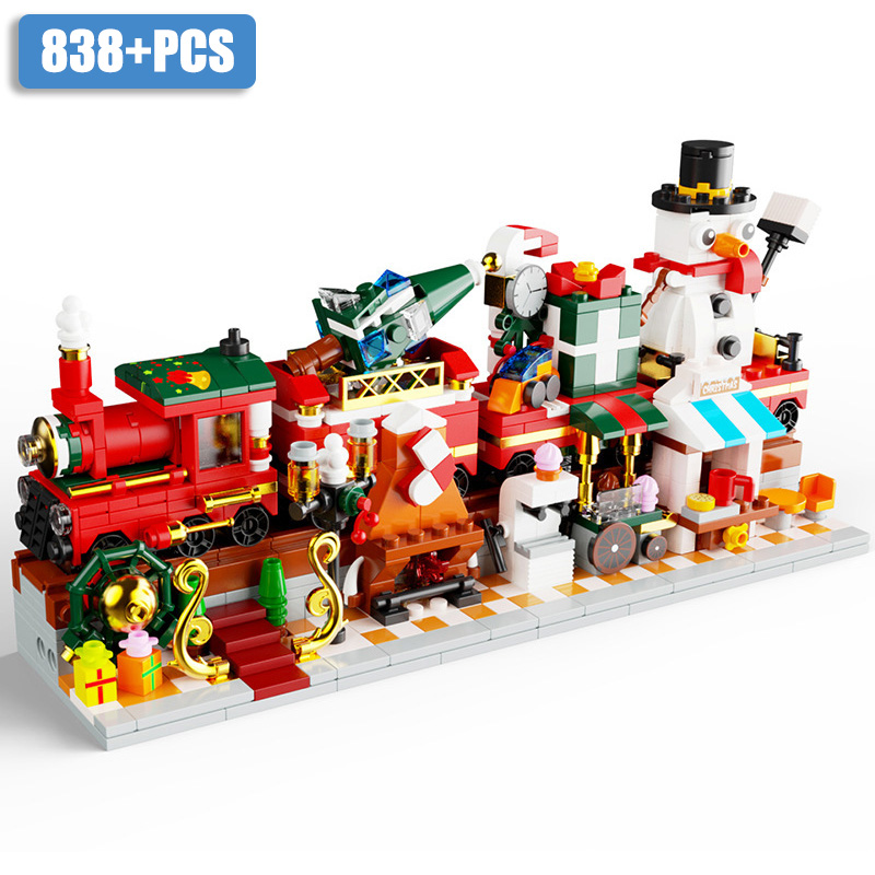 Creative 838pcs Winter Street View Christmas Train Building Blocks Diy Xmas Tree Snowman Bricks Toys For Children alx