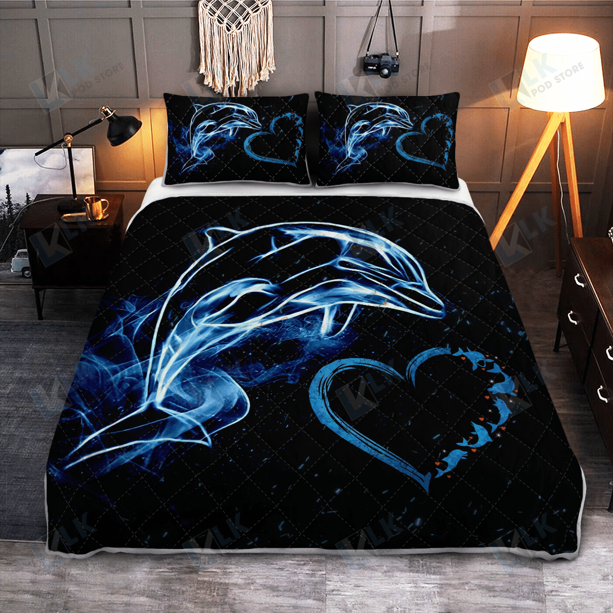 Dolphin Blue Love Heart Quilt Bedding Set, Quilt, 2 Pillow Covers, Comforter, Bed Sheet Set, Dolphin Lover Gift