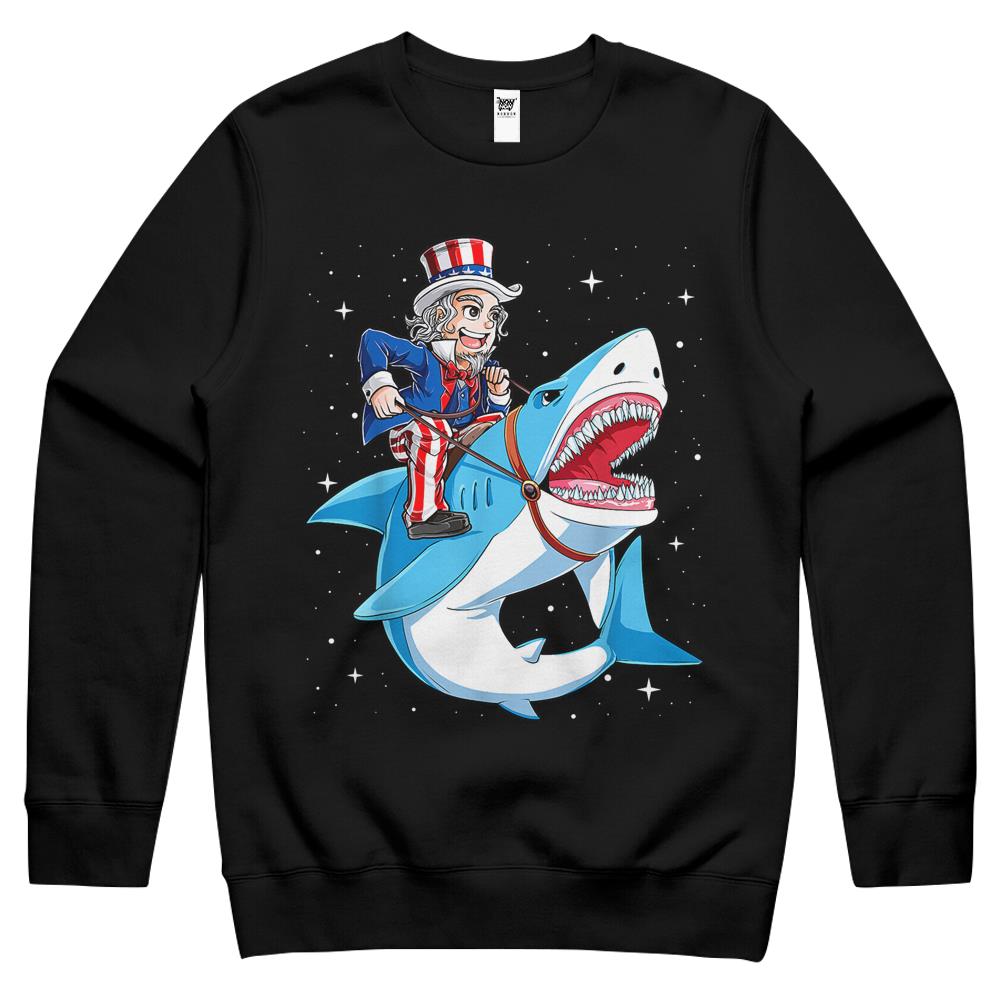 4Th July Shirts, Fourth Of July Crewneck Sweatshirt, 4Th Of July Crewneck Sweatshirt, Uncle Sam Riding Shark Crewneck Sweatshirt 4Th Of July Crewneck Sweatshirt