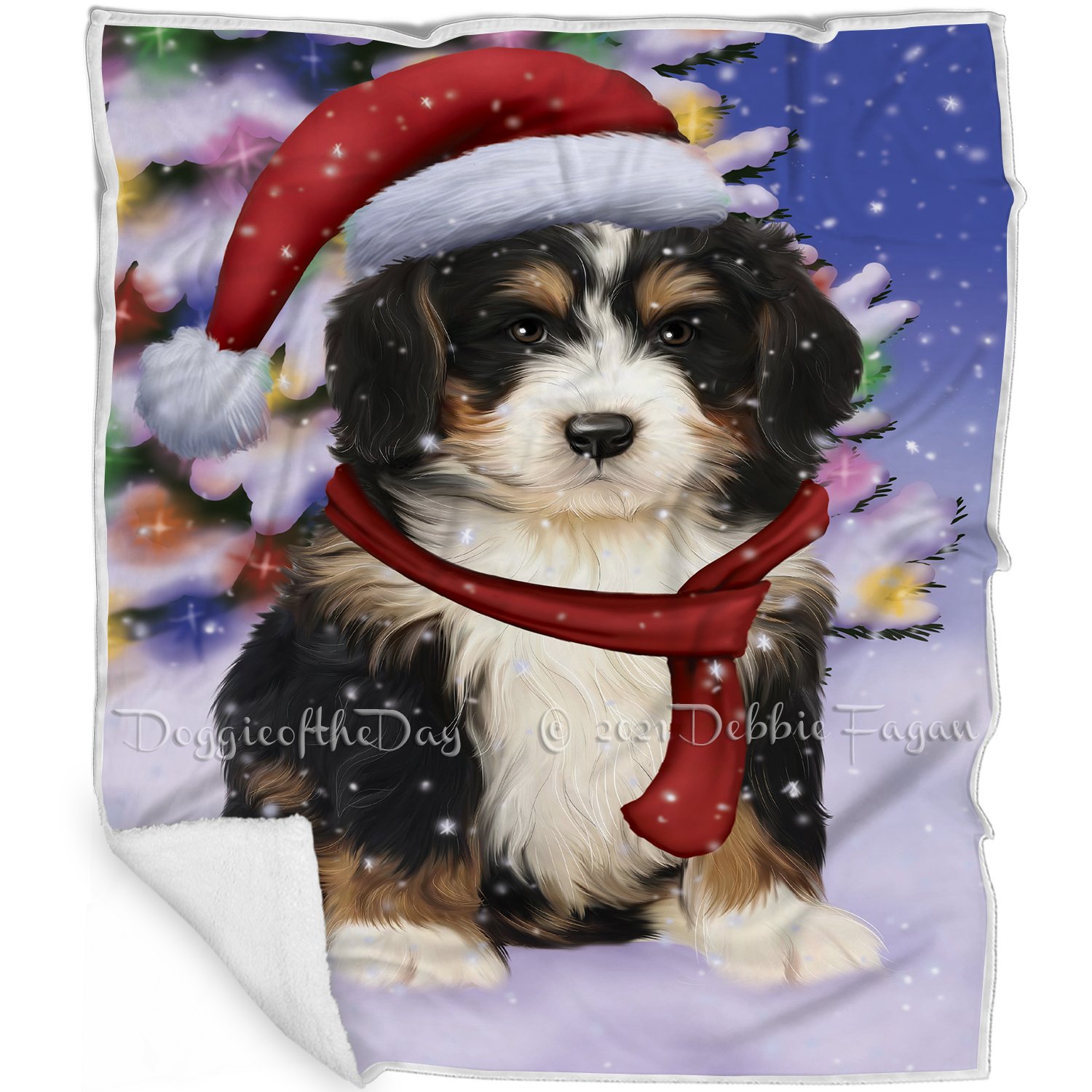 Winterland Wonderland Bernedoodle Puppy Dog In Christmas Holiday Scenic Background Blanket