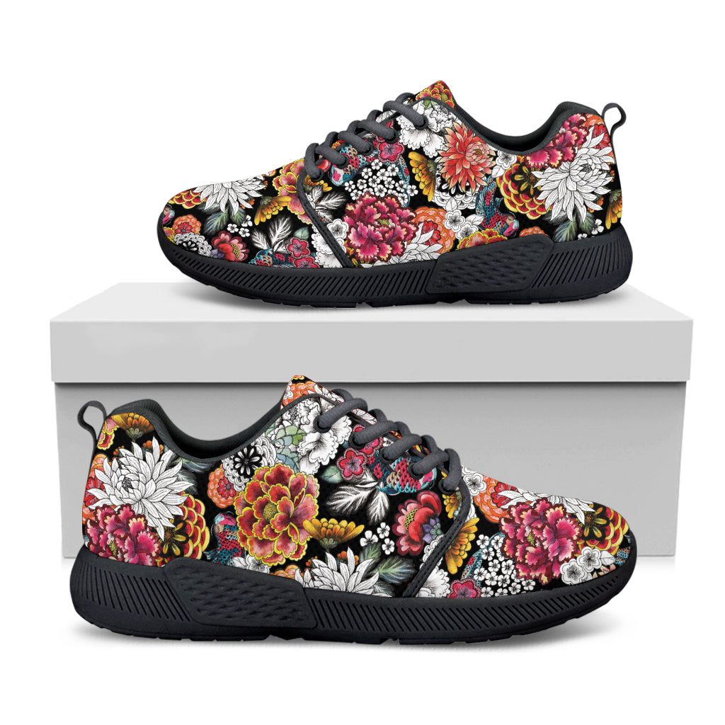 Asian Chrysanthemum Pattern Print Black Athletic Shoes