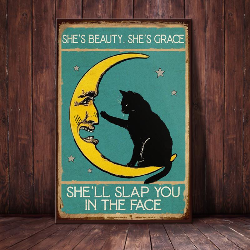 Black Cat Funny Moon Canvas And Poster She’ll Slap You In The Face | Art Print | Home Decor | Room Decor | Wall Art