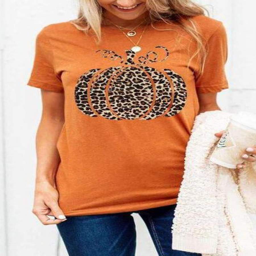 Pumpkin Leopard Print Round Neck T-Shirts