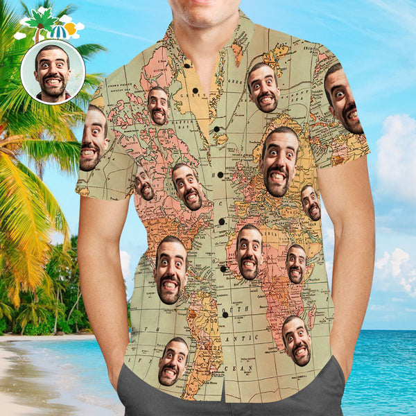 World Map Printed Vintage Travel Short Sleeve Vintage Custom Photo Hawaiian Shirt | P156