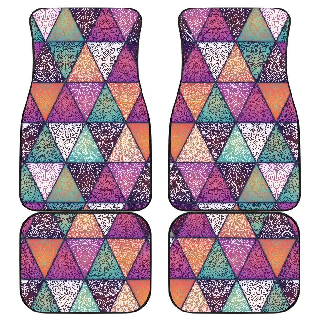 Triangle Bohemian Mandala Pattern Print Front And Back Car Floor Mats, Front Car Mat