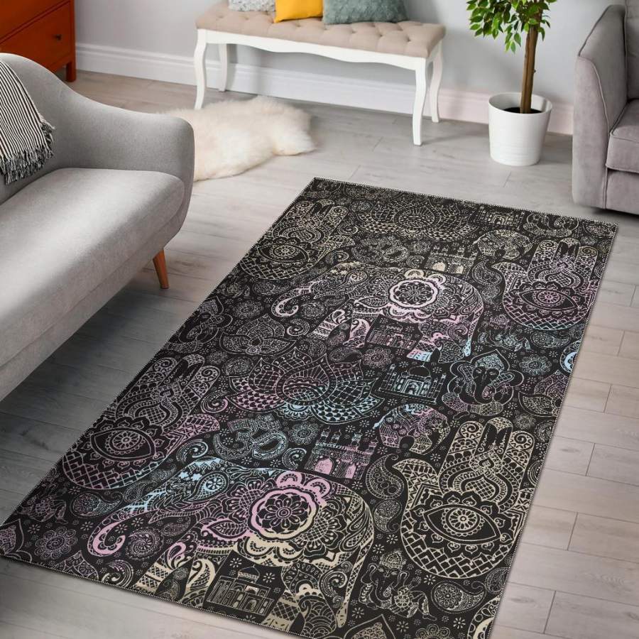 Hamsa Elephant Mandala Print Area Rug