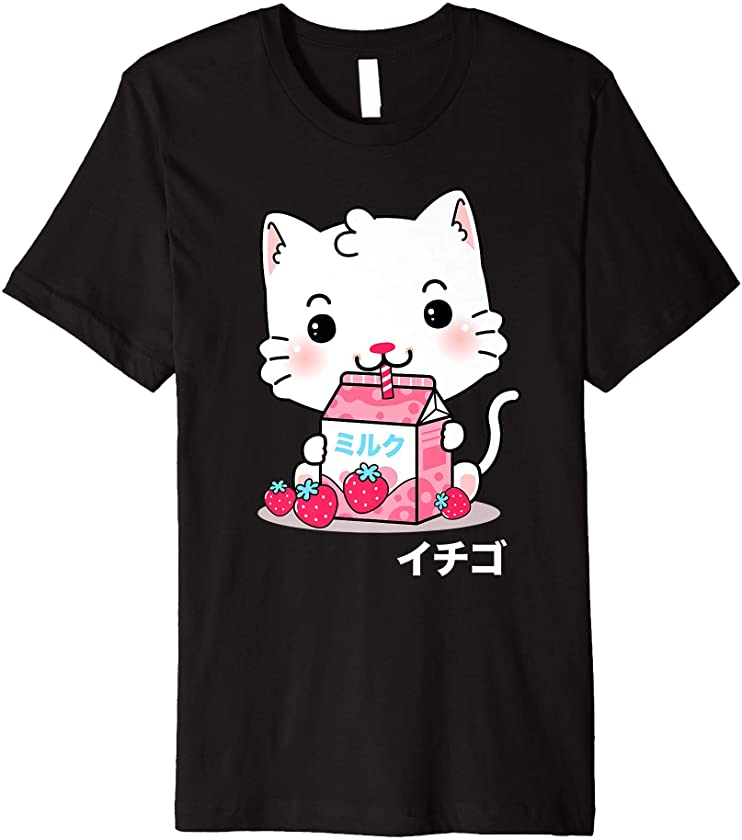 Chibi Kitten Japanese Kawaii Strawberry Milk Shake Carton Premium T-Shirt