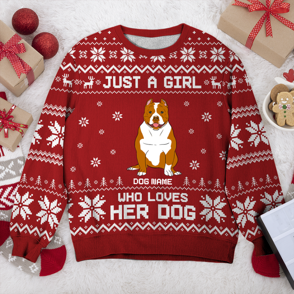 American Bully Just A Girl Personalized Sweater, Dog Ugly Christmas Sweater