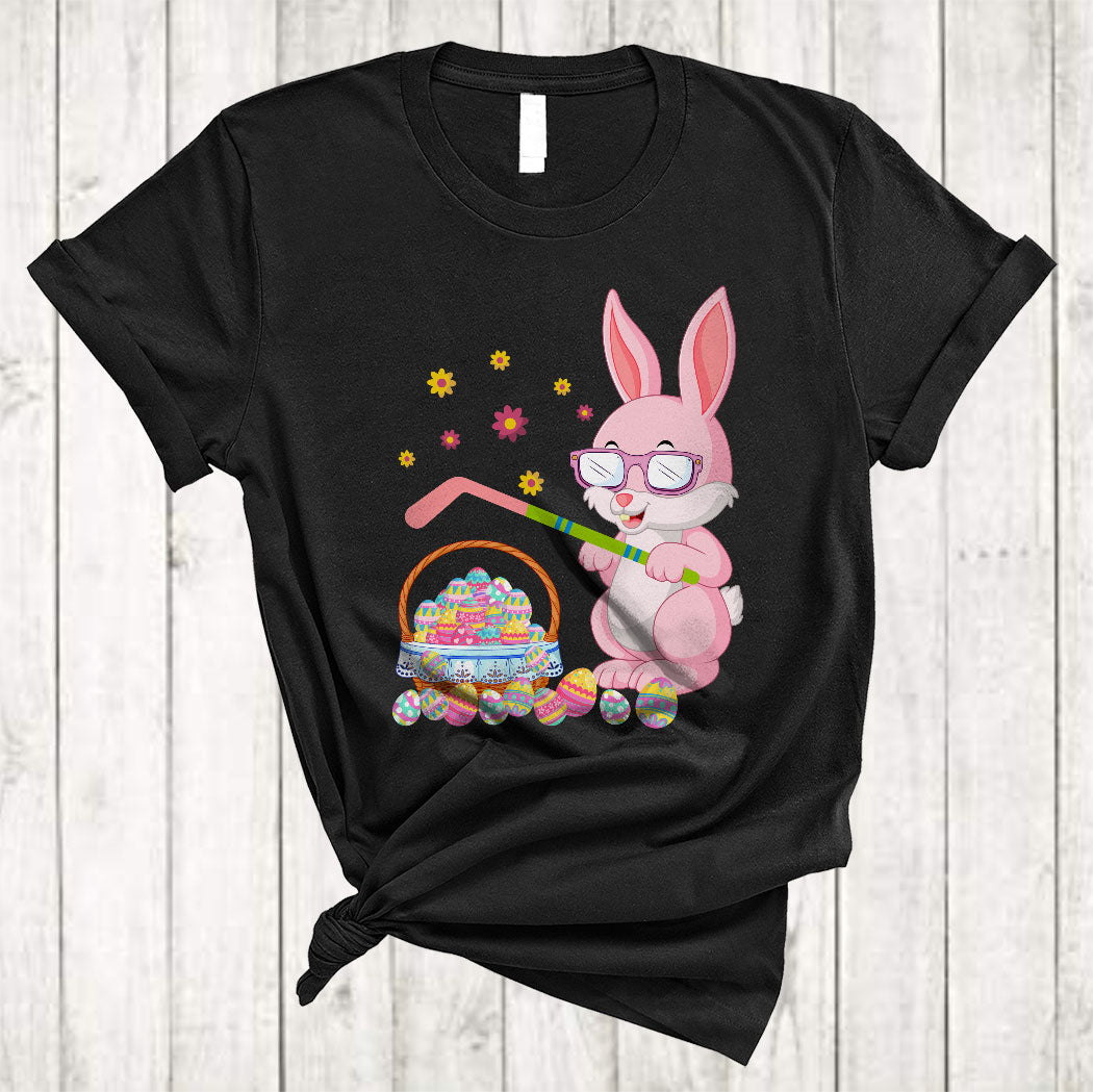 Bunny Playing Hockey With Easter Egg Basket Funny Easter Day Hockey Player Lover Gifts T-Shirt